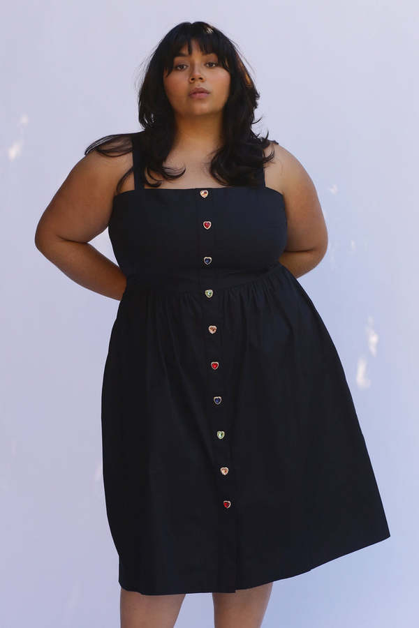 HVN Laura Cotton Dress - Black/Crystal Heart Buttons | Garmentory