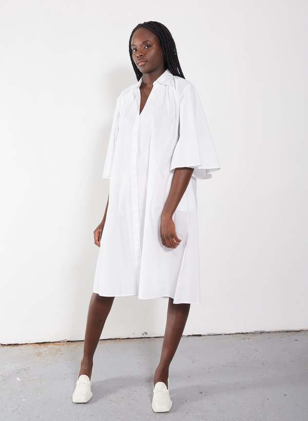 Meg Gathered Neck Shirt Dress - White | Garmentory Meg Gathered Neck Shirt Dress - White | Garmentory