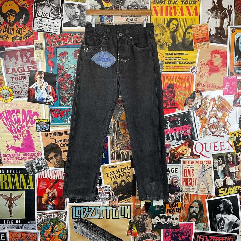 Vintage 1980s-90s Love Patch Levis 501s Denim Jeans - Black Faded