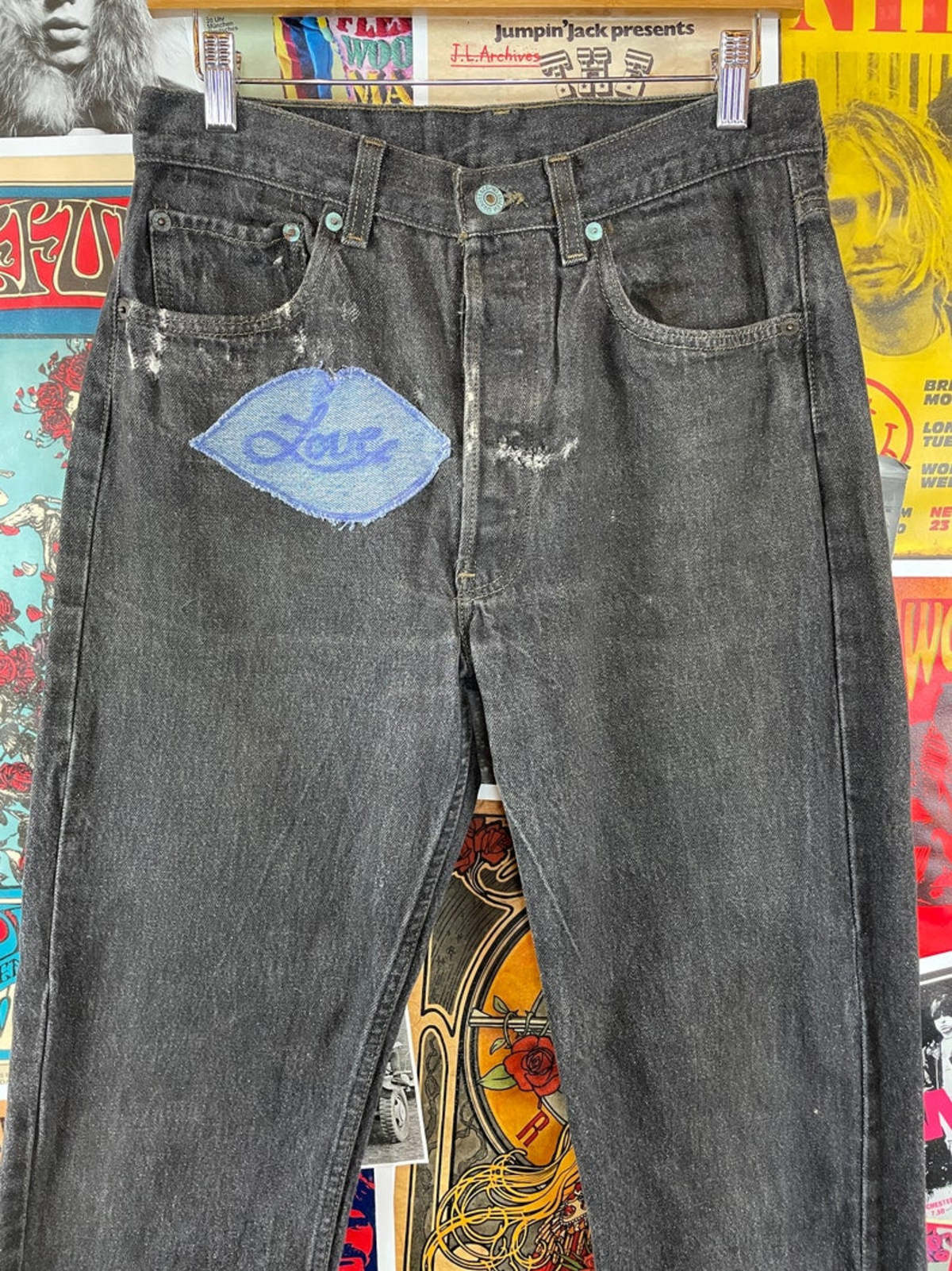 Vintage 1980s-90s Love Patch Levis 501s Denim Jeans - Black Faded