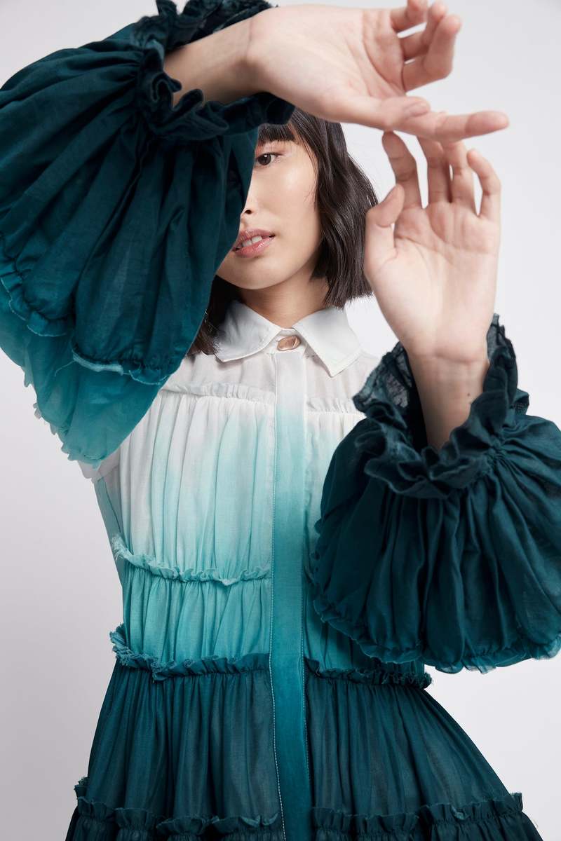 Aje Cosmos Cut Out Tiered Mini Dress - Hand Painted Teal Ombre