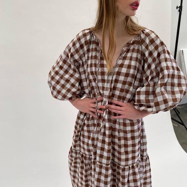 WILD HORSES Tilly Maxi Dress - Chocolate Gingham | Garmentory WILD HORSES Tilly Maxi Dress - Chocolate Gingham | Garmentory