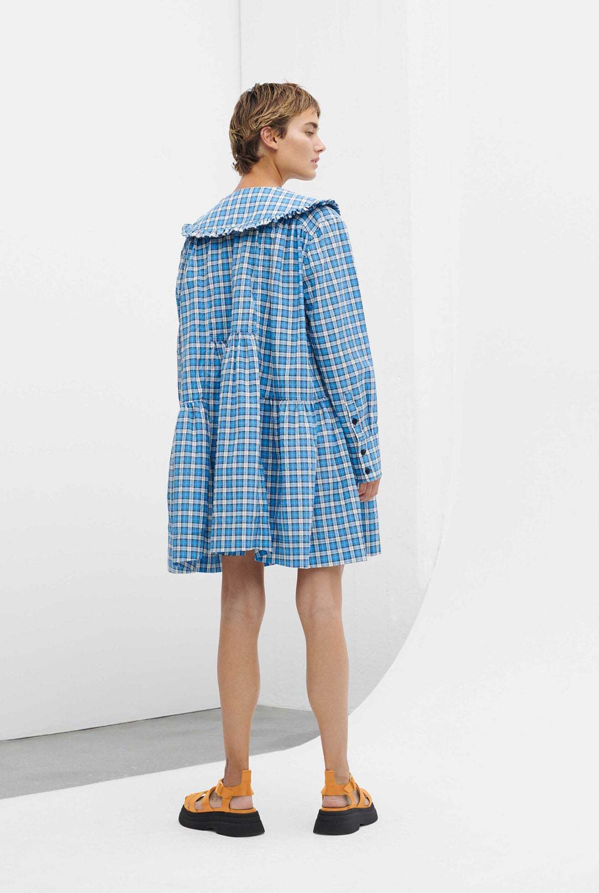 Ganni Oversized Seersucker Mini Dress - Check Azure Blue