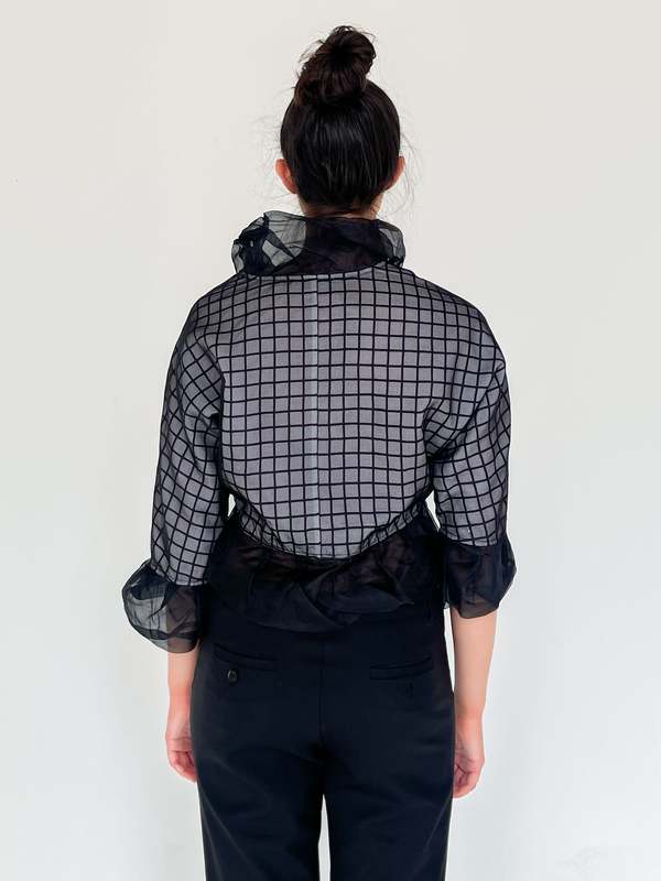 Silk Ruffle Blouse - Black Grid Print 