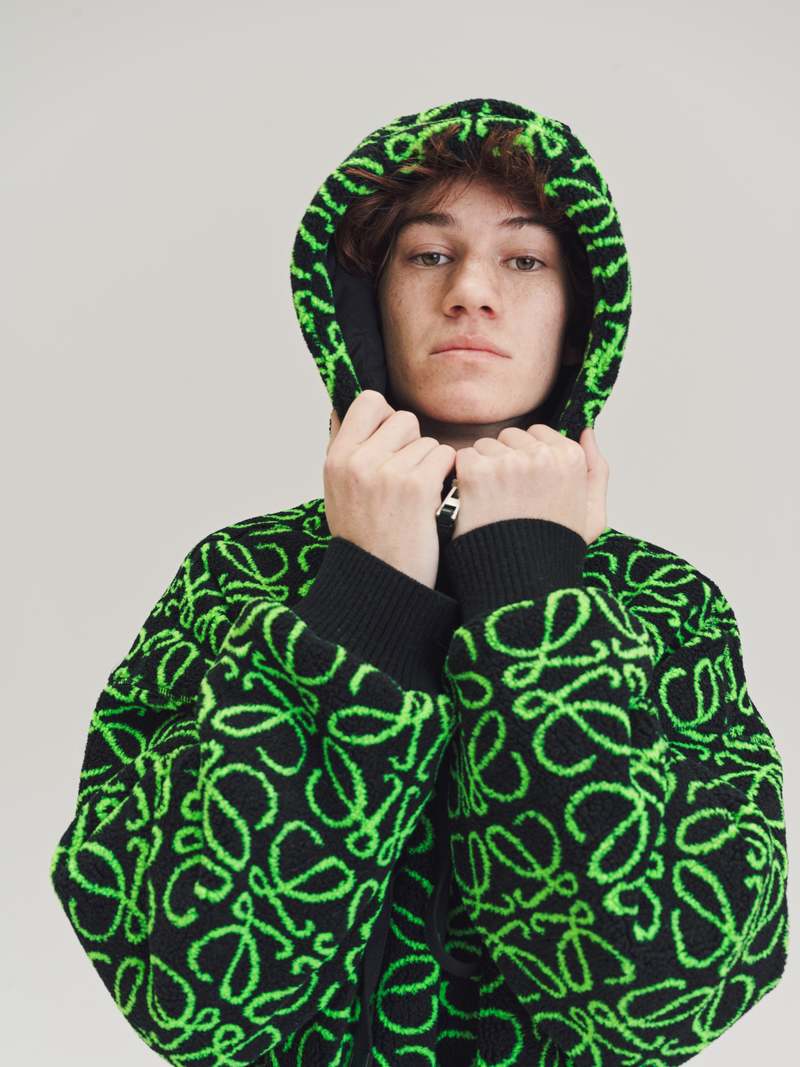LOEWE Anagram Jacquard Fleece Zip Up Parka - Neon Green