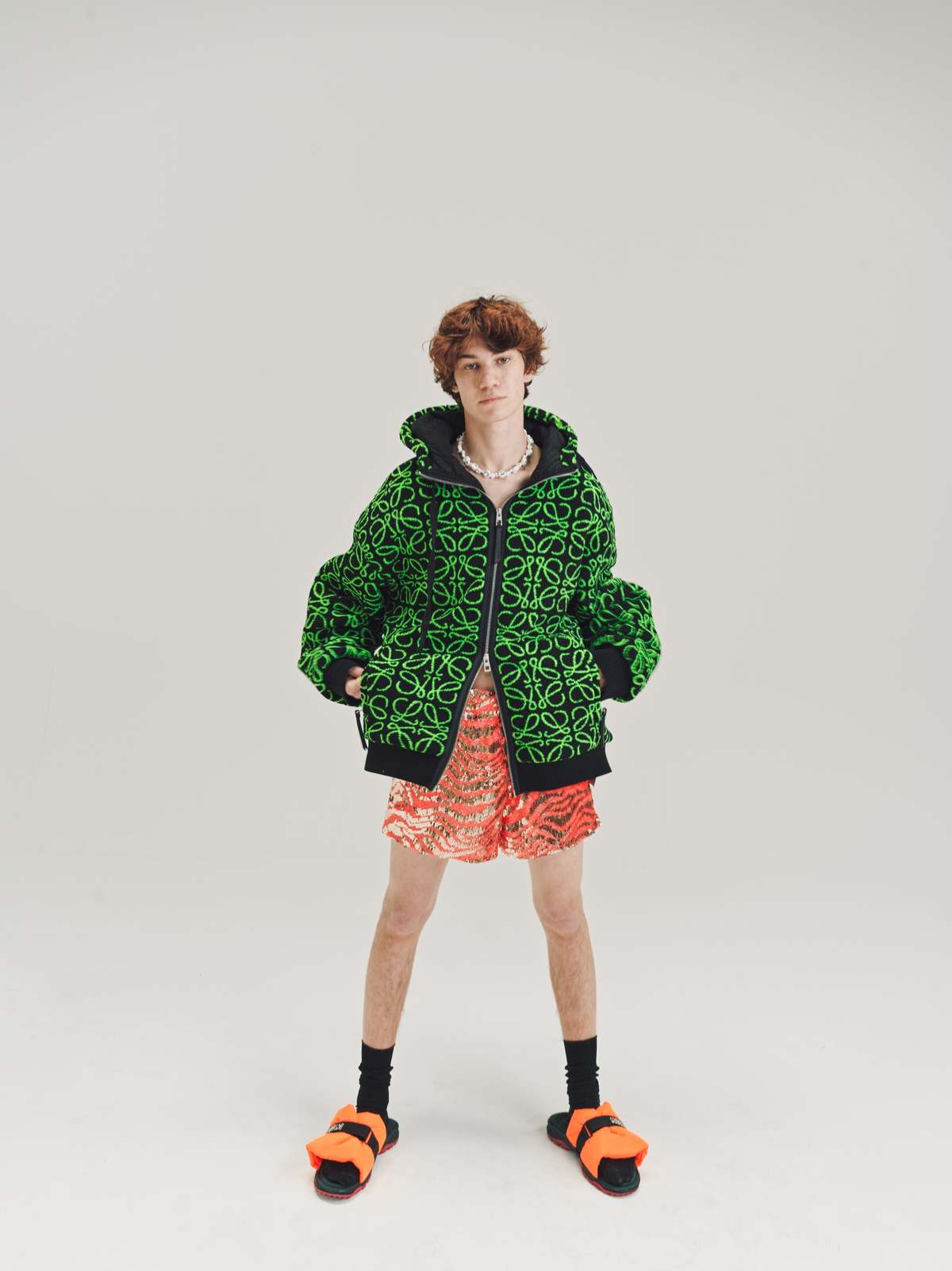LOEWE Anagram Jacquard Fleece Zip Up Parka - Neon Green