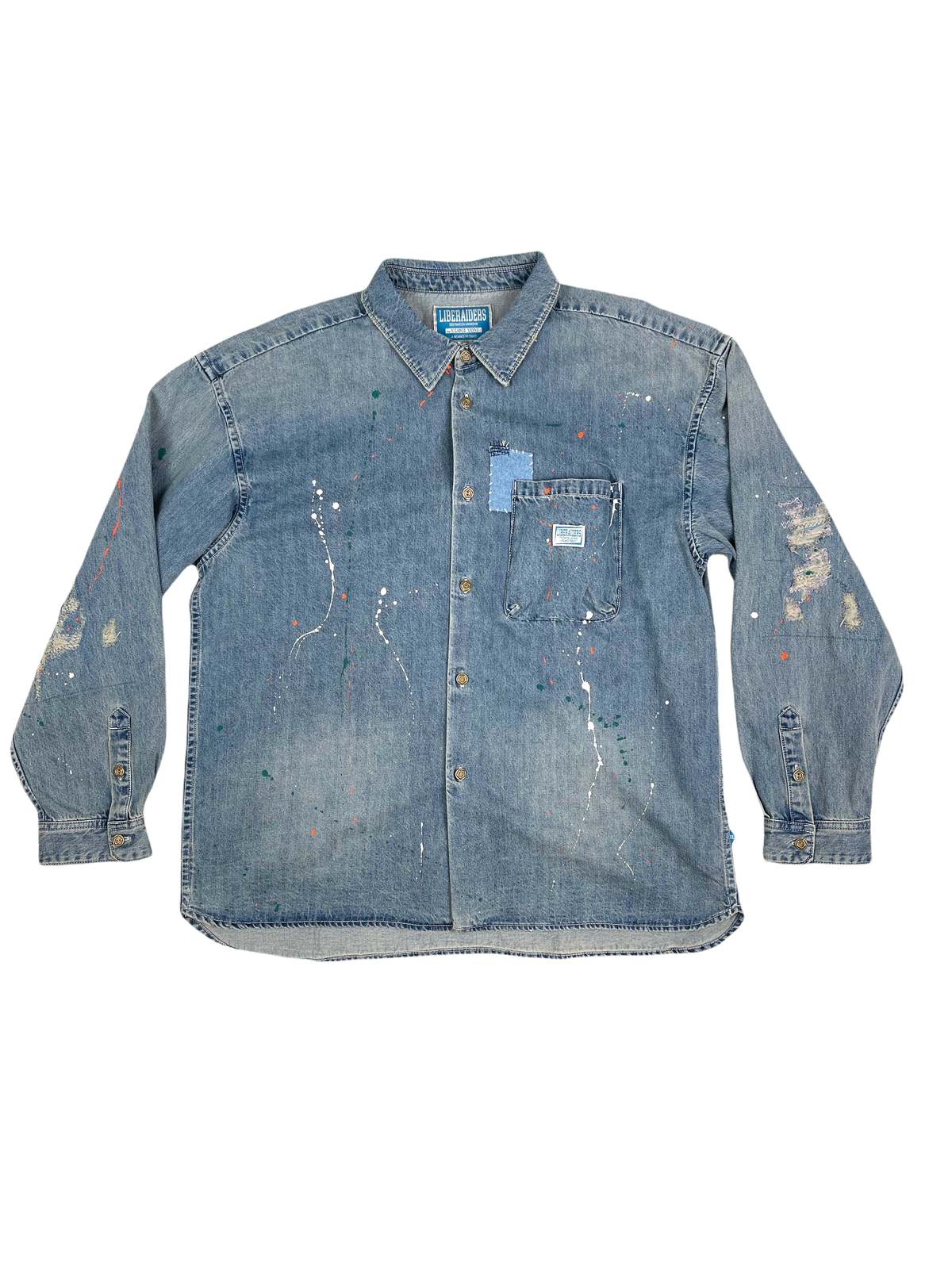 Liberaiders PAINT SPLATTER DENIM SHIRT - blue | Garmentory