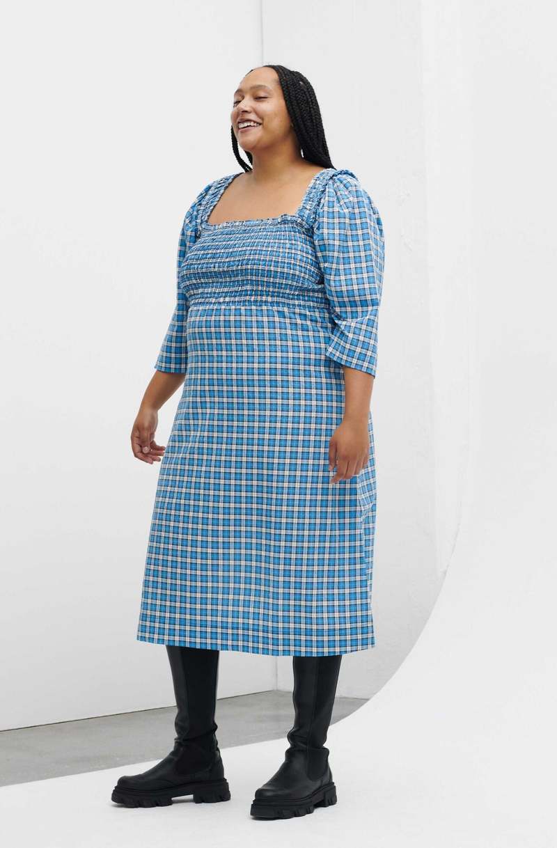 Ganni ■Seersucker Check Mini Smock Dress - Sky Blue Ganni Blue Seersucker Check Mini Smock Dress | ModeSens