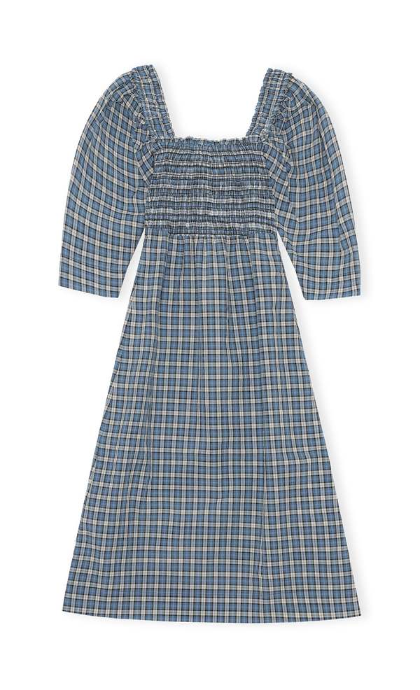 Ganni Seersucker Check Smock Midi Dress - Azure Blue