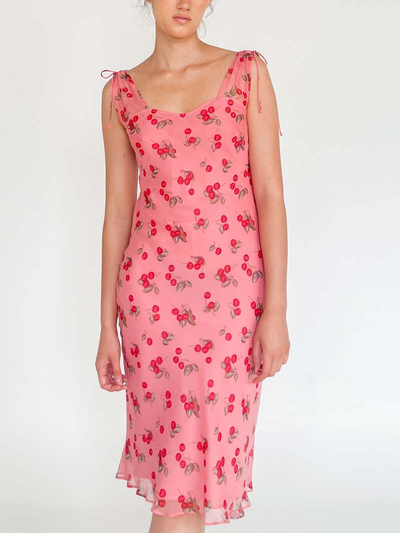 Cherry Print Silk Chiffon Dress (XS-S) | Garmentory