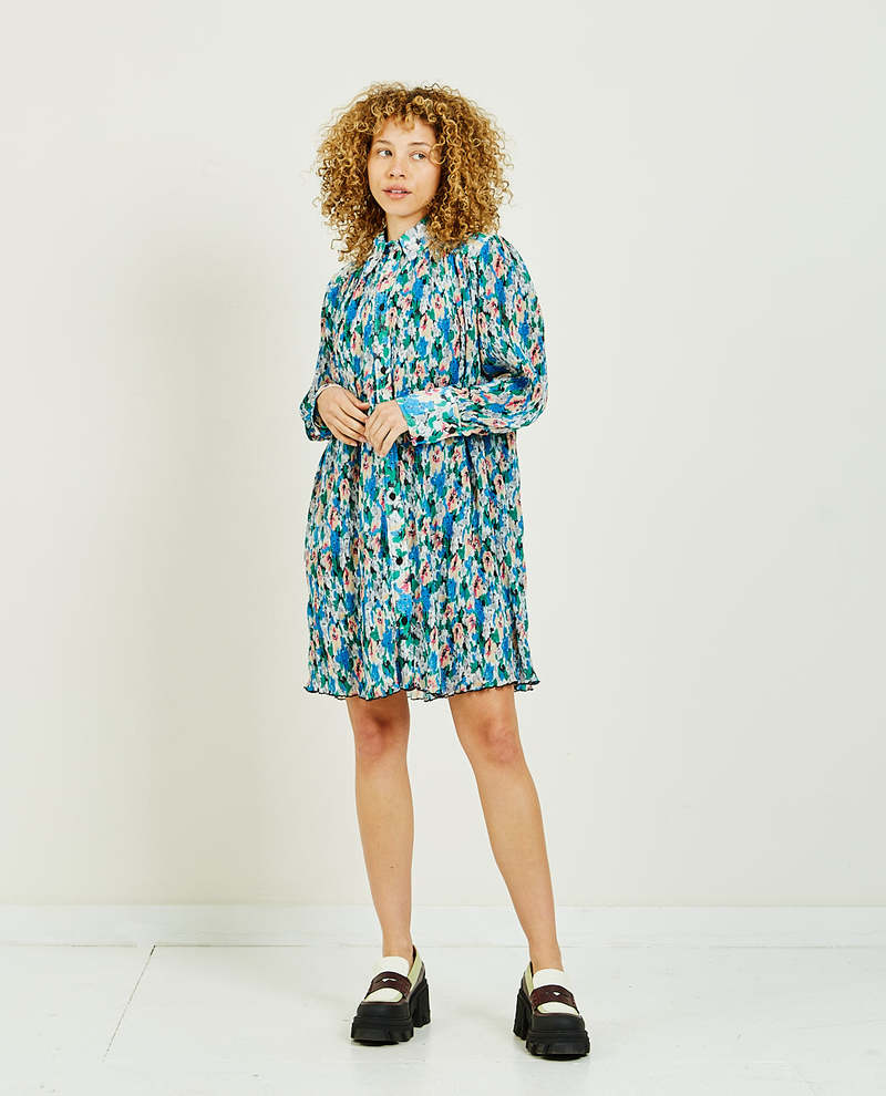 Ganni Pleated Georgette Wide Mini Shirt Dress - Floral Azure Blue