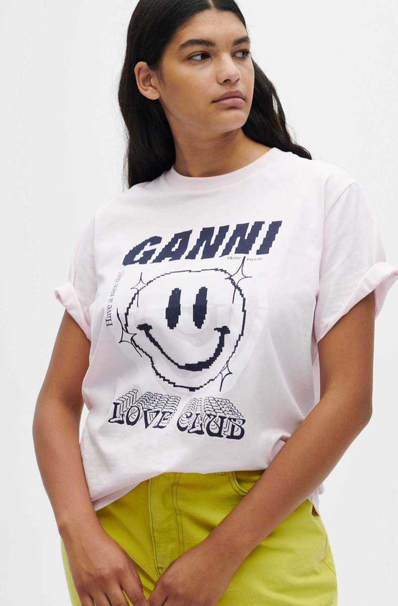 Ganni Basic Jersey Smiley Print O-Neck Relaxed T-Shirt - Light 