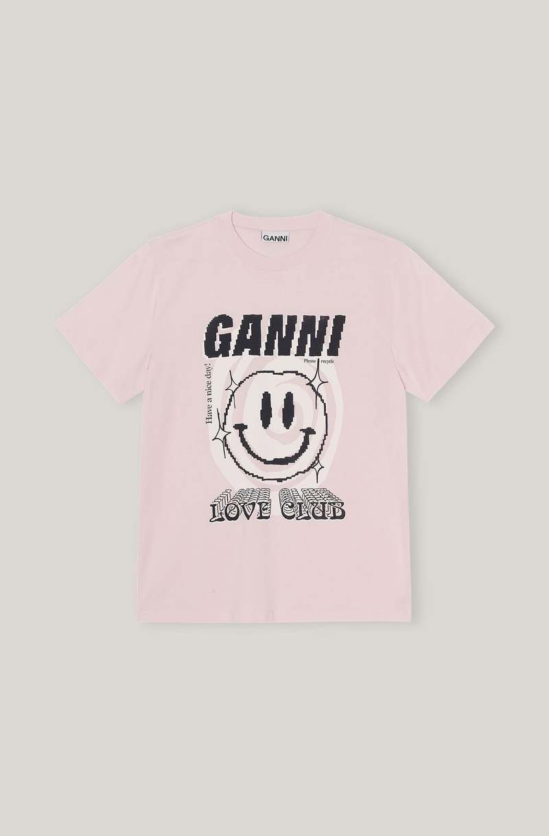 Ganni Basic Jersey Smiley Print O-Neck Relaxed T-Shirt - Light