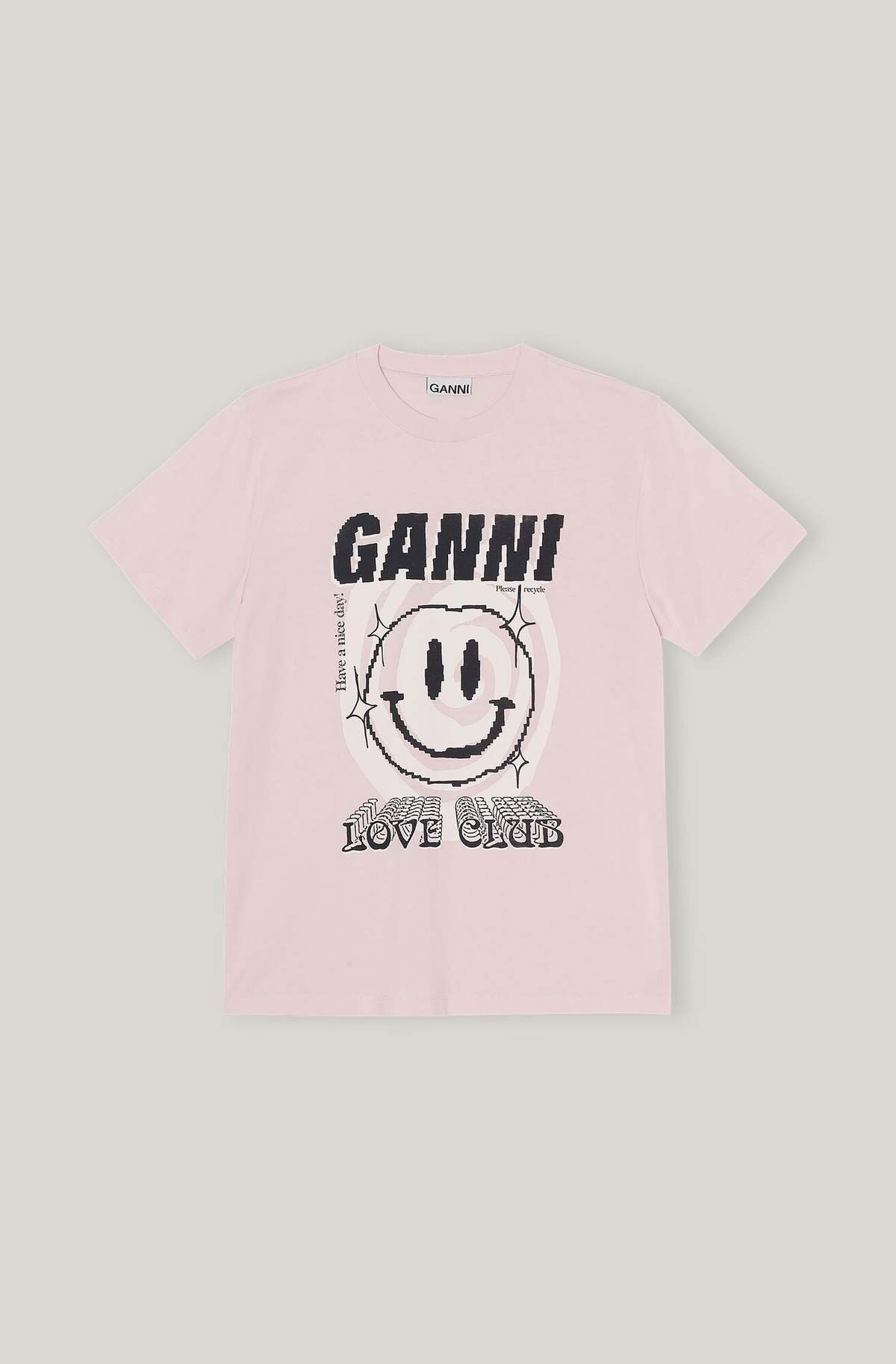 Ganni Basic Jersey Smiley Print O-Neck Relaxed T-Shirt - Light