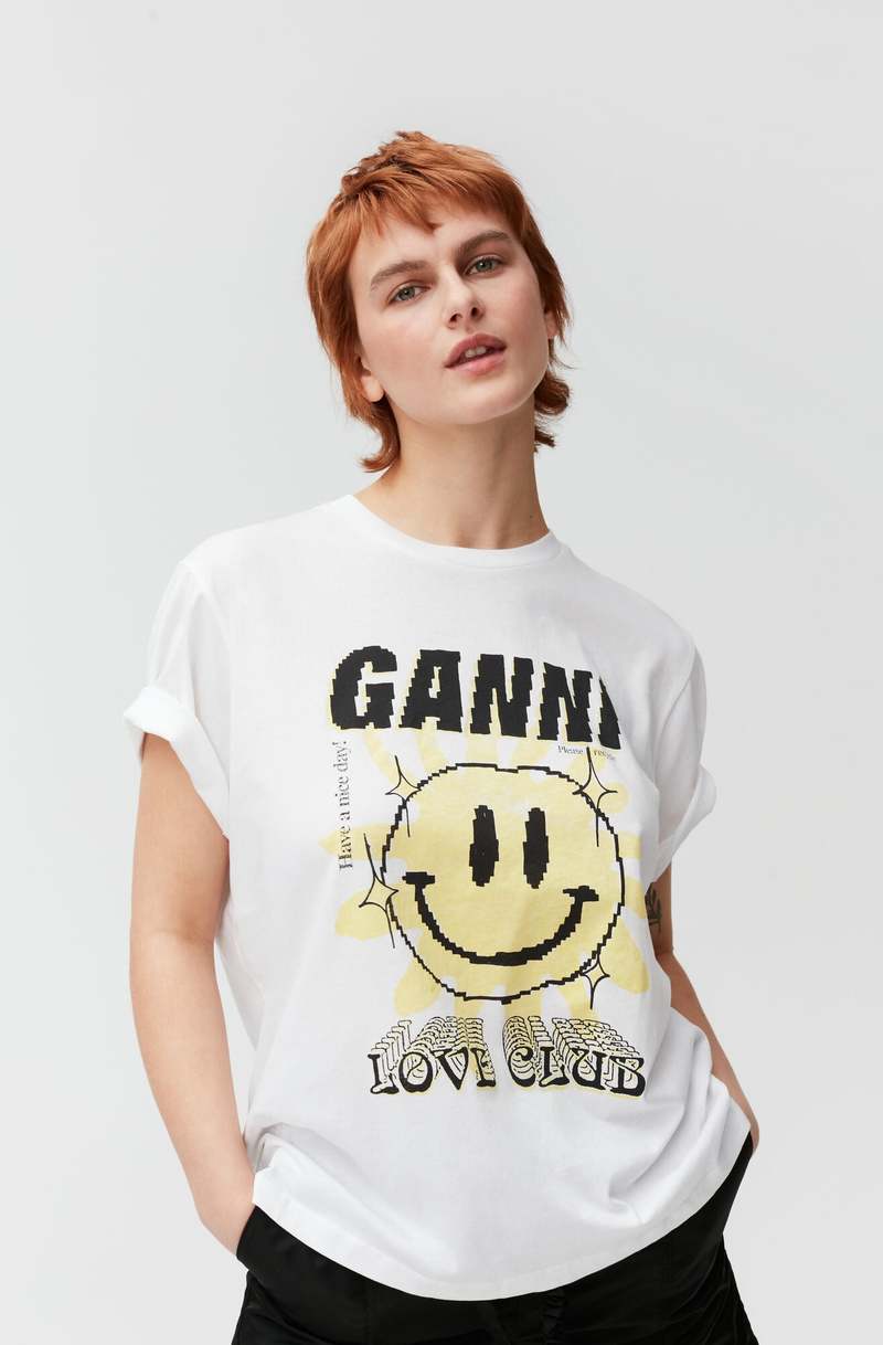 Ganni Light Jersey Sun Love Print O-Neck Relaxed T-Shirt - Bright