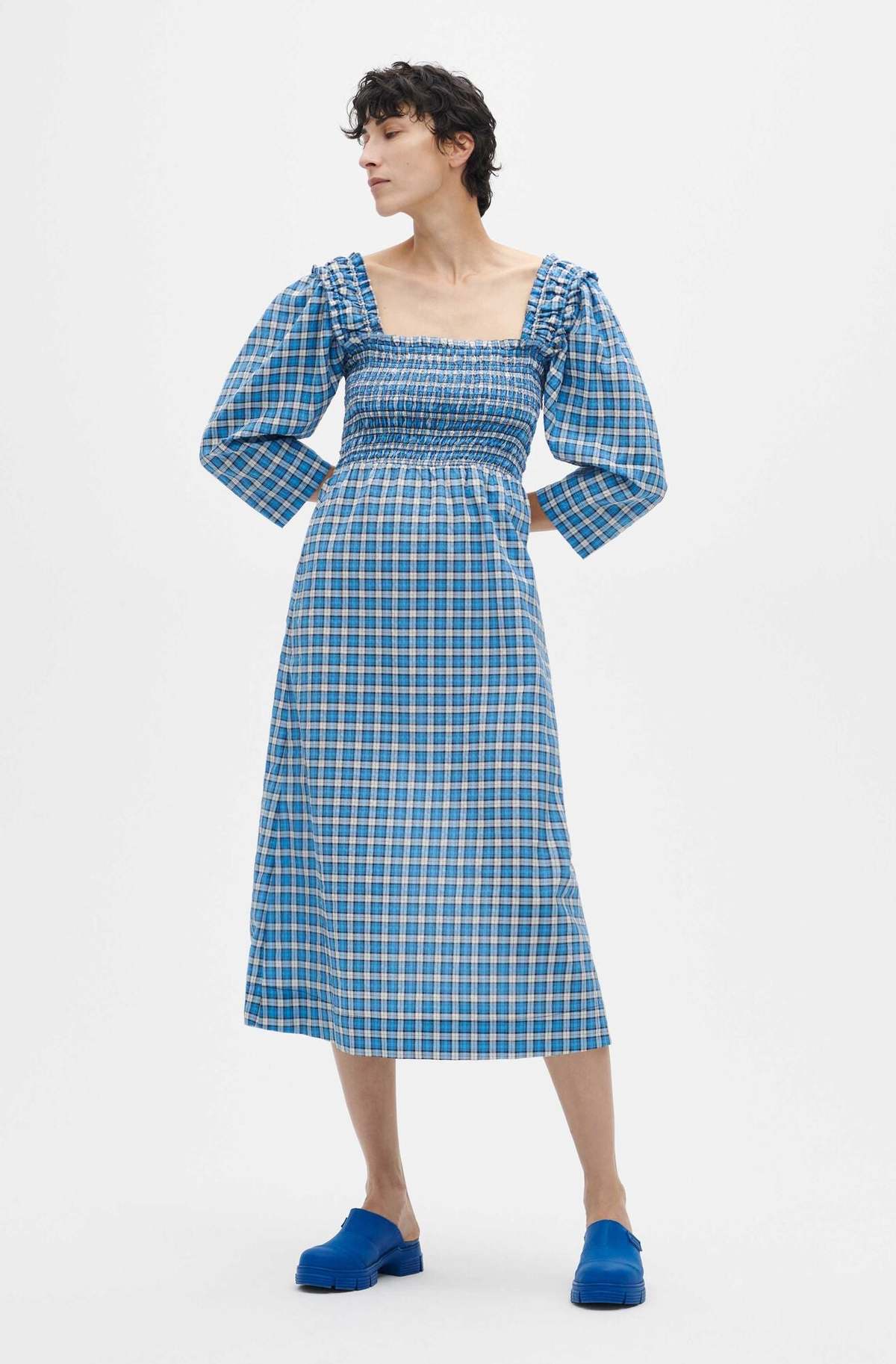 Ganni Seersucker Check Smock Midi Dress - Azure Blue