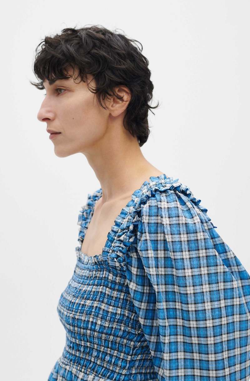 Ganni ■Seersucker Check Mini Smock Dress - Sky Blue Ganni Blue Seersucker Check Mini Smock Dress | ModeSens