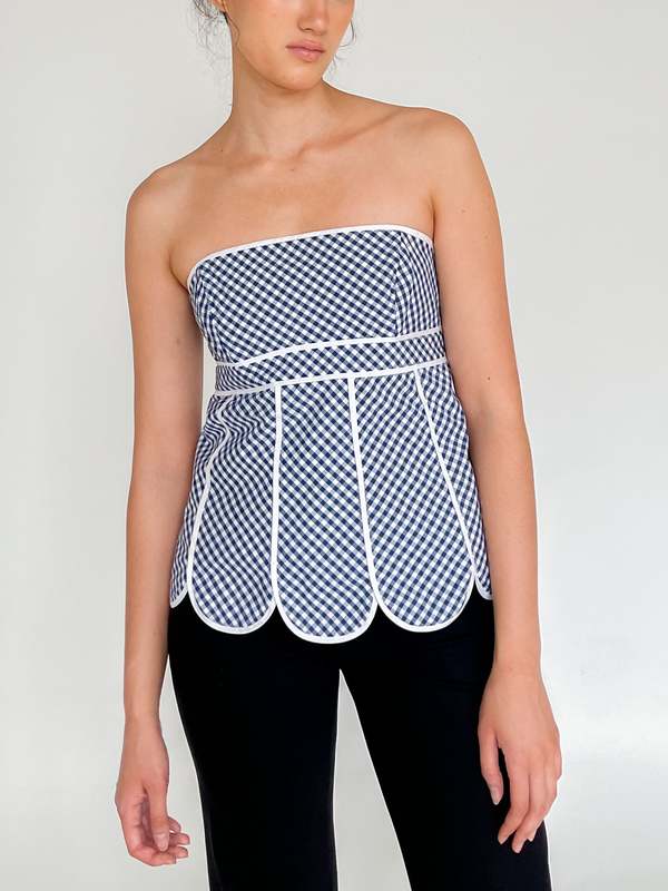 Vintage Melissa Scalloped Hem Tube Top - Blue Gingham