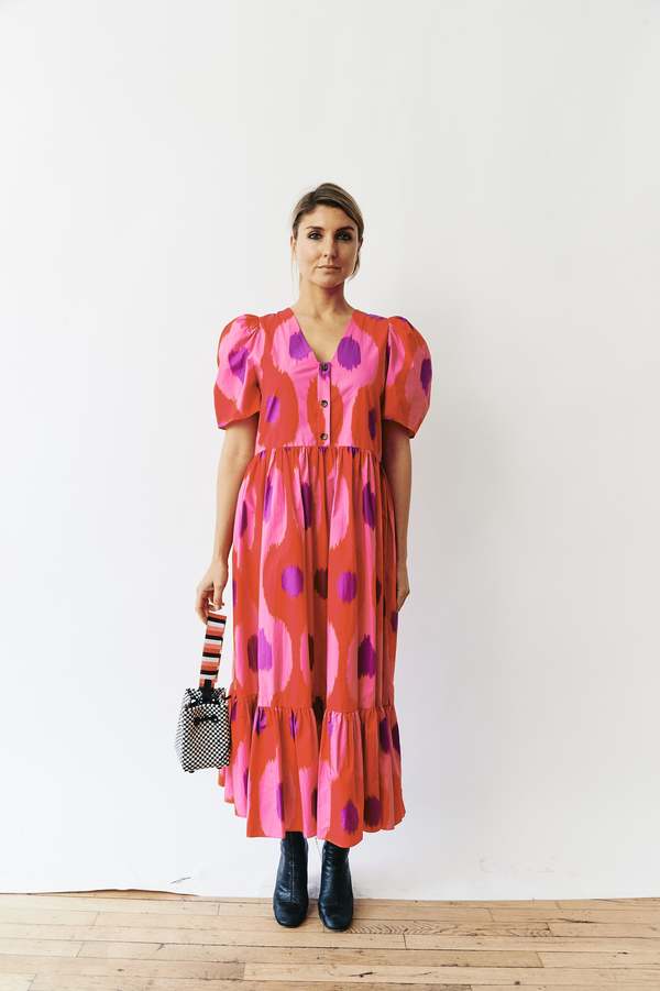 Rhode Puff Sleeve Ikat Midi Dress - Pink Multi | Garmentory