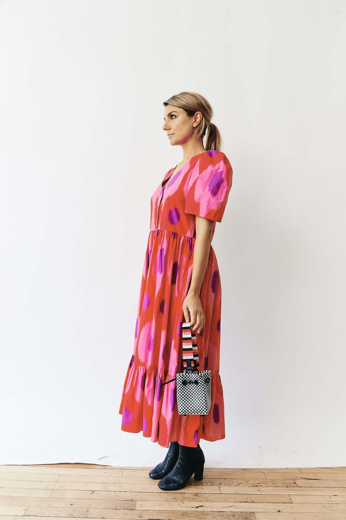 knee length dresses for ladies Jess Crepe Midi Dress in Multi Ikat Bloom Charcoal