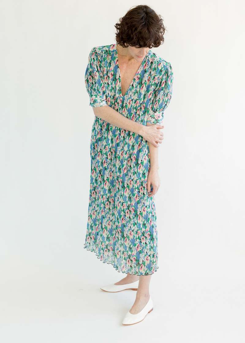 Ganni Pleated Georgette V-neck Midi Dress - Floral Azure