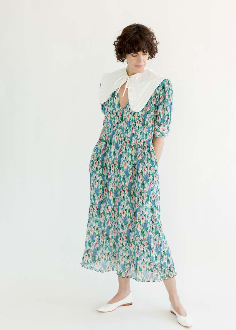 Ganni Pleated Georgette V-neck Midi Dress - Floral Azure