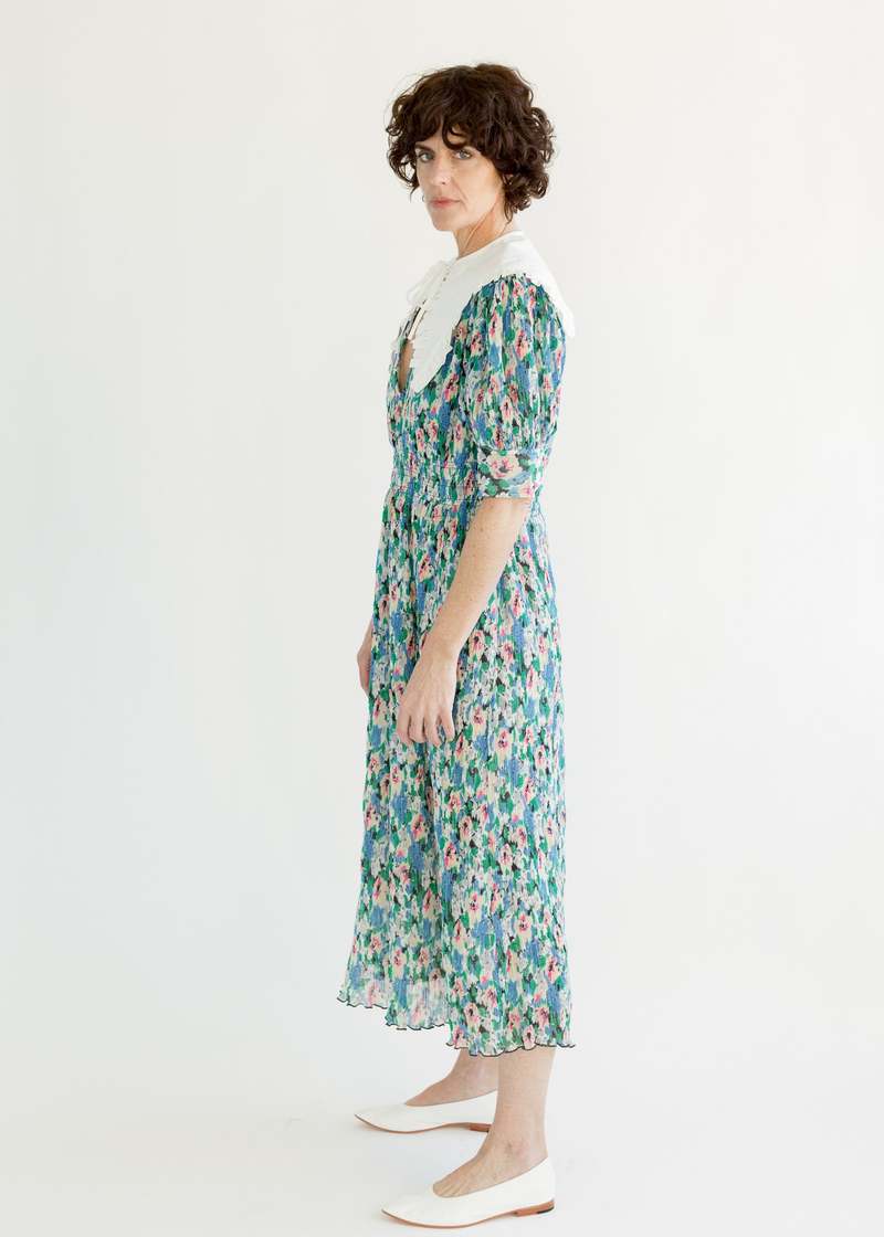 Ganni Pleated Georgette V-neck Midi Dress - Floral Azure