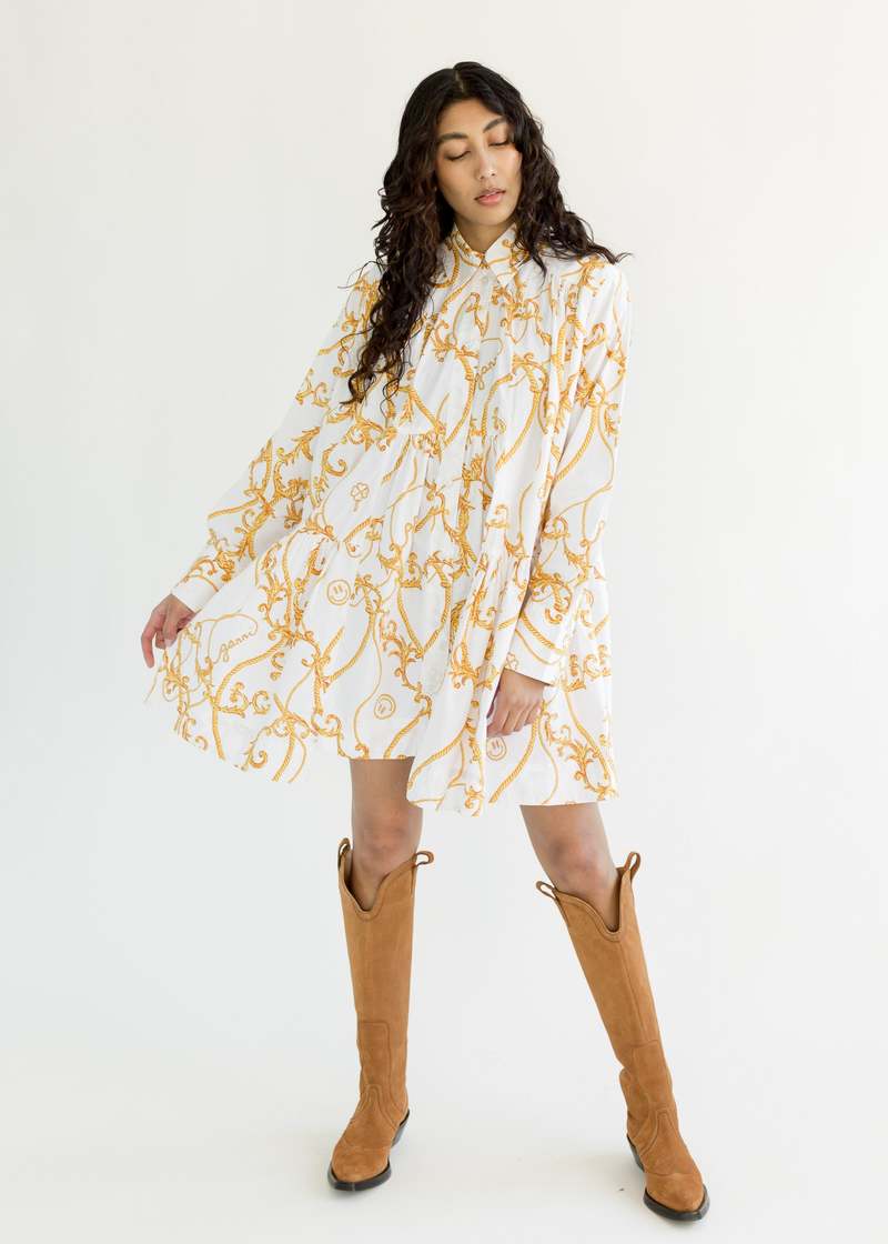 Ganni Printed Cotton Poplin Gathered Panel Wide Mini Shirt