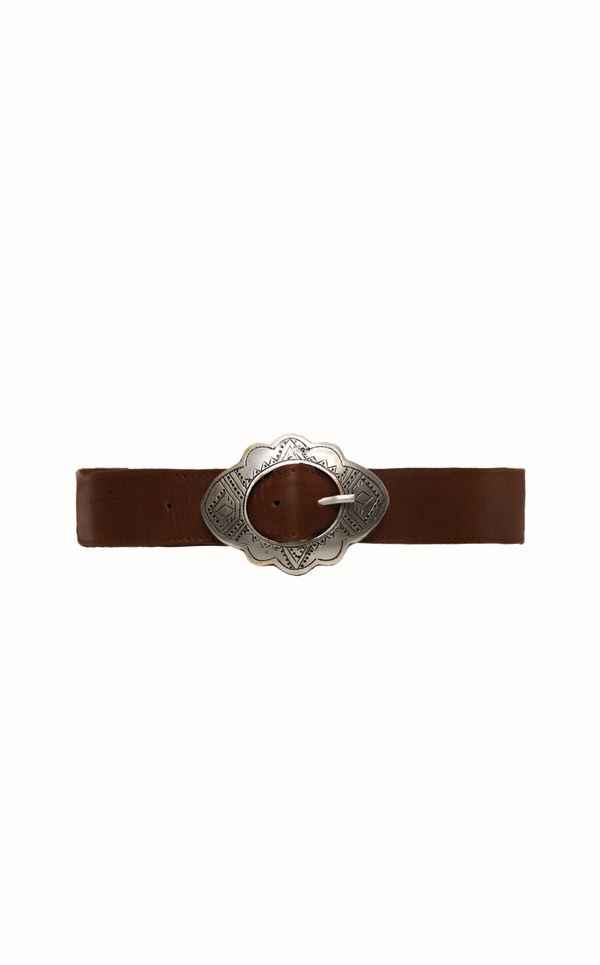 Owl Marrakech Leather Belt W/ Vintage Buckle - Brown/Silver
