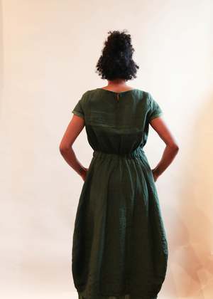 olive green black tie dress Dark Green Linen Georgette Midi Dress