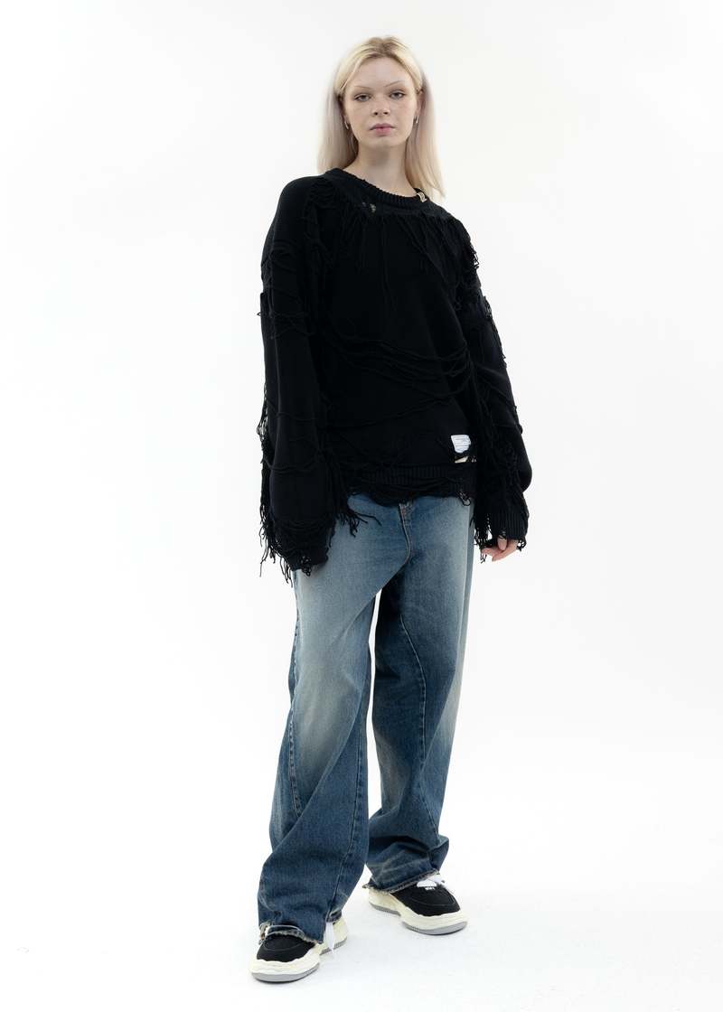 Mihara Yasuhiro Distressed Knit Pullover - Black | Garmentory