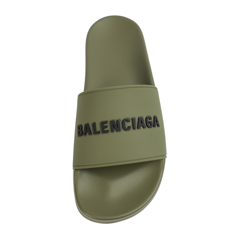 Balenciaga Logo Pool Slides - Khaki | Garmentory