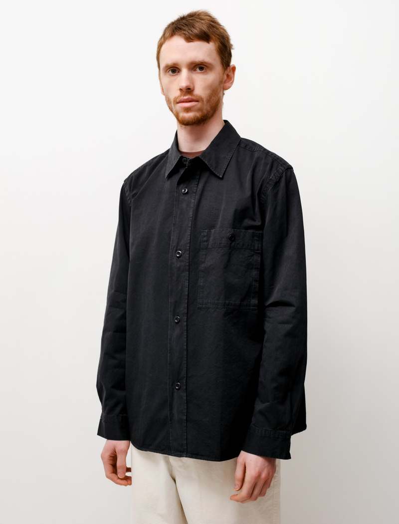 MHL. BLACK WARP COTTON DENIM スモック長袖シャツ Margaret Howell Cotton Denim Overall Warp Shirt - Black