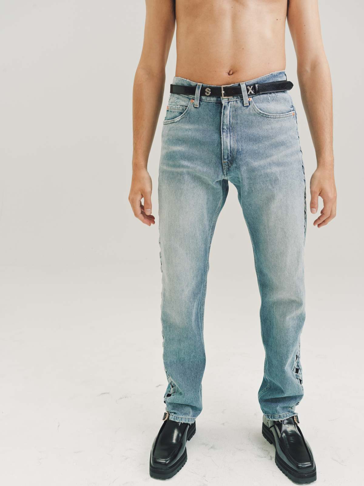 Martine Rose Washed Indigo Denim Jean - Cross Hatch Tuxedo Stripe