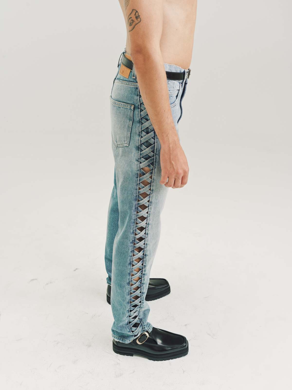 Martine Rose Washed Indigo Denim Jean - Cross Hatch Tuxedo Stripe 