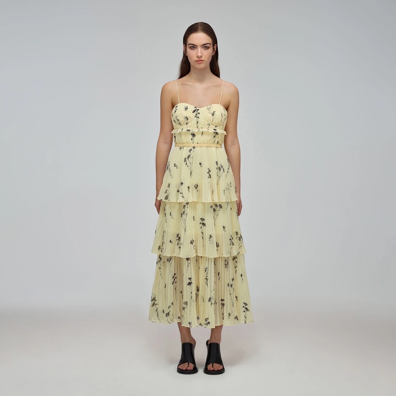 オールインワン・サロペット Self-Portrait Floral Tiered Midi Dress With Pleated Self Portrait Silhouette Chiffon Tiered Midi Dress - Yellow