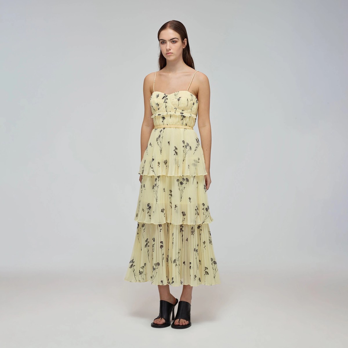 Self Portrait Silhouette Chiffon Tiered Midi Dress - Yellow
