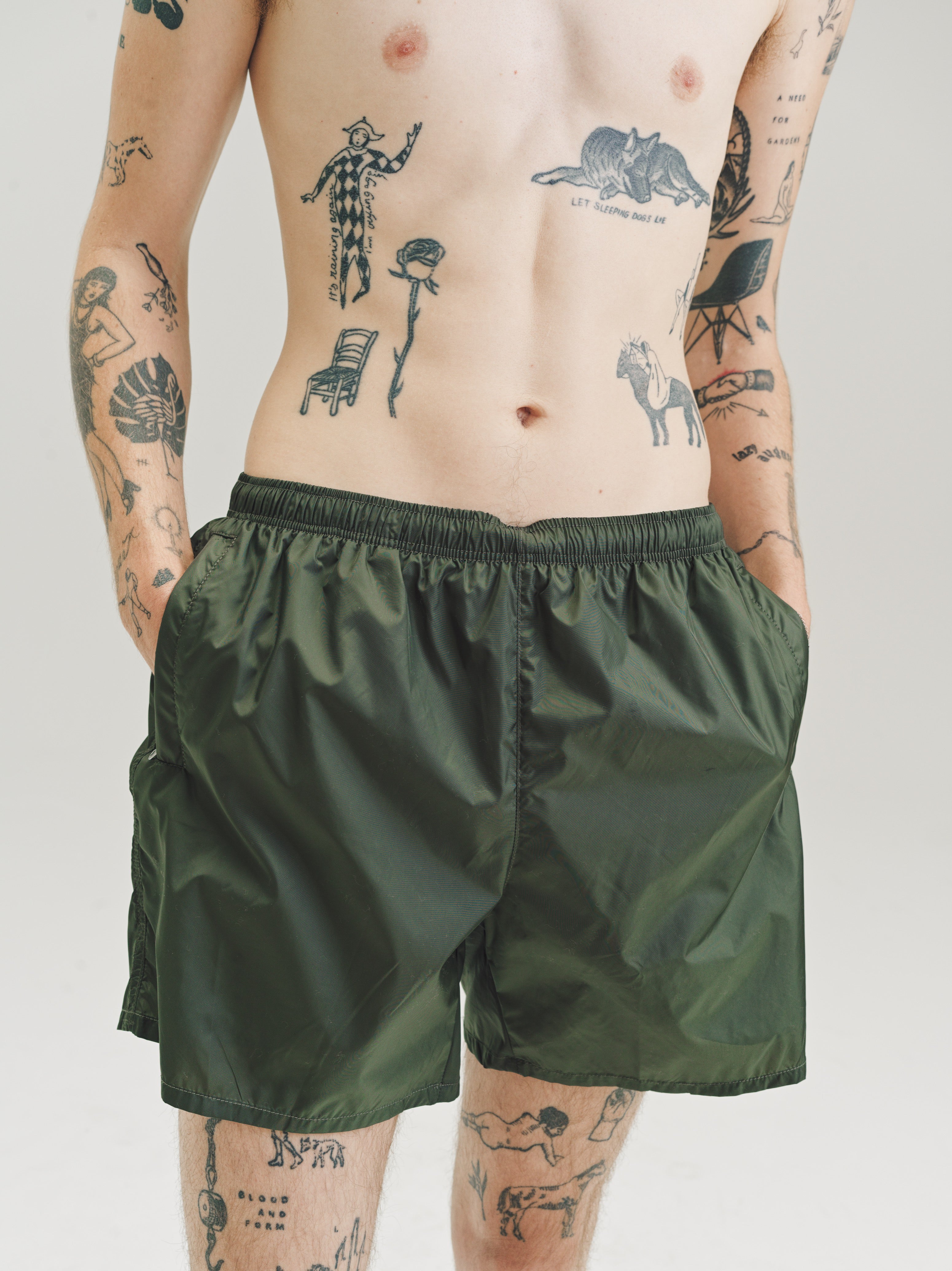 Our Legacy Nylon Drape Tech Trunks - Dark Olive | Garmentory
