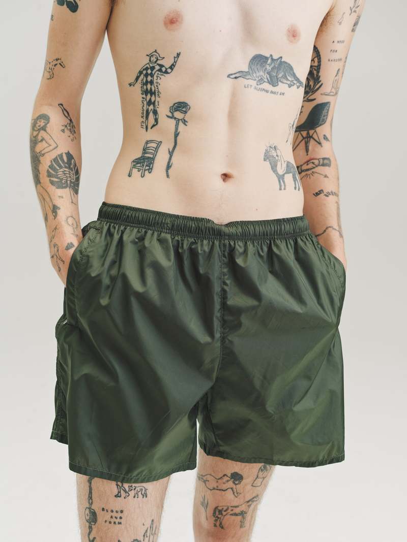 Our Legacy Nylon Drape Tech Trunks - Dark Olive | Garmentory