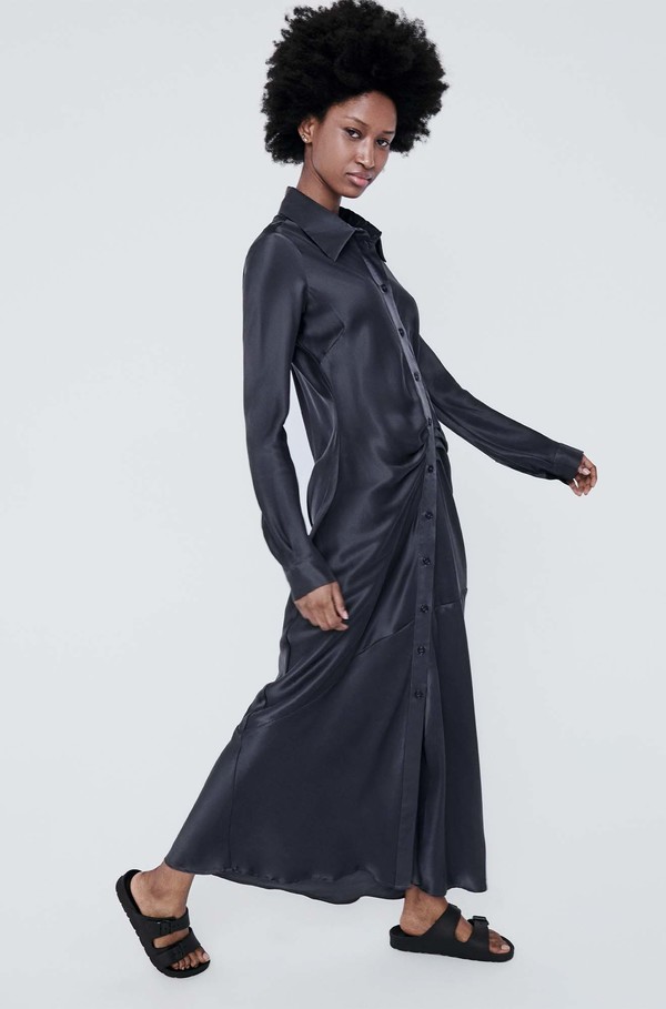 katalea black twist front silky shirt dress Silk Laundry Kate Shirt Dress - Black Ash