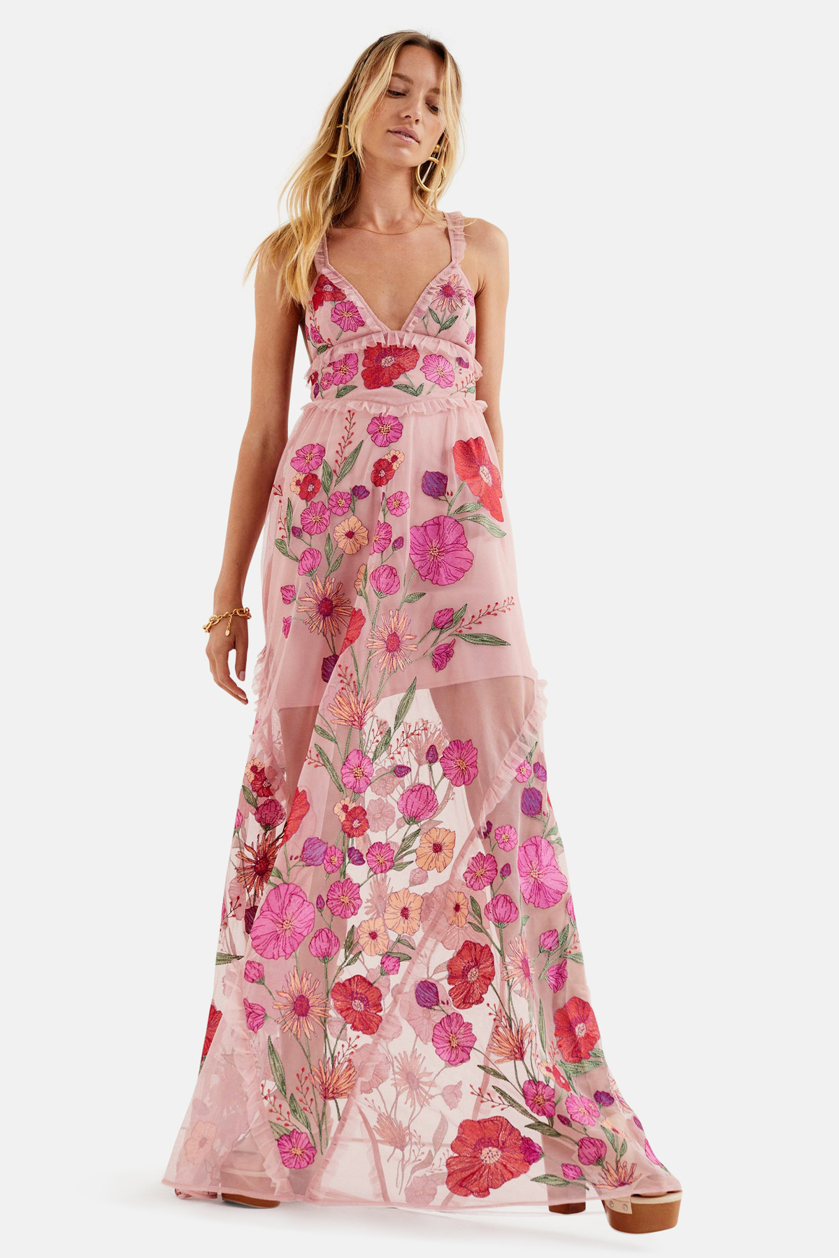 fitted lace wedding dress FOR LOVE & LEMONS Kaylee Maxi Dress In PInk Embroidered Floral – Lusso Di  Luna Boutique main image 0