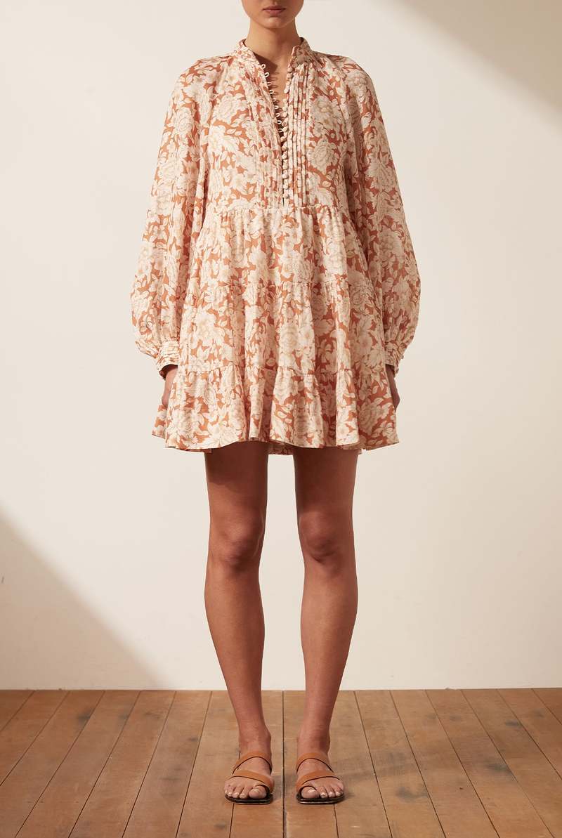 Shona Joy Linen Balloon Sleeve Pin Tuck Tiered Mini Dress - Flor |  Garmentory