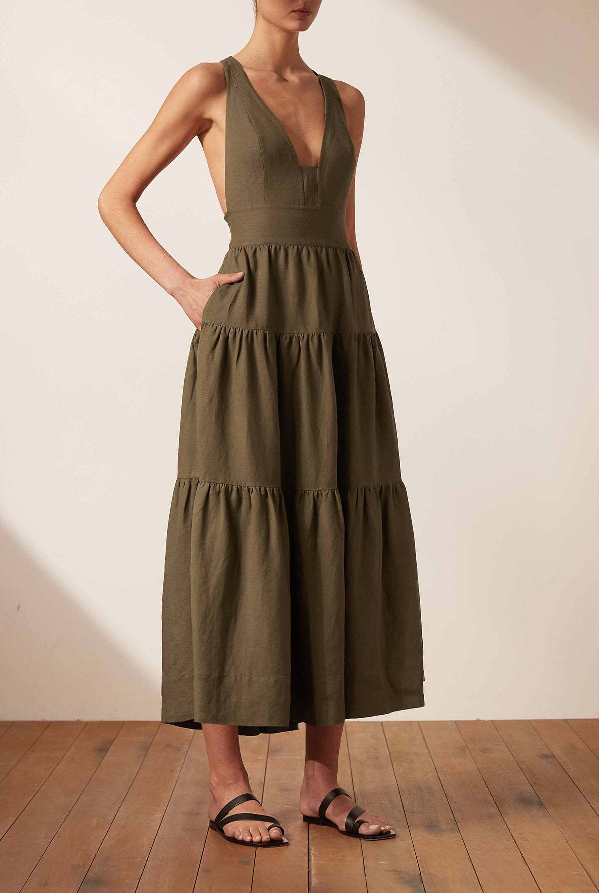 shona joy forest green dress Shona Joy Juno Gathered Bodice Maxi Dress in Olive