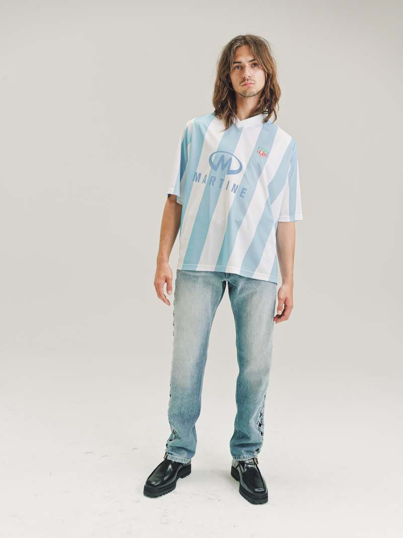 Martine Rose Stripe Short Sleeve Twist Football Top - Light Blue