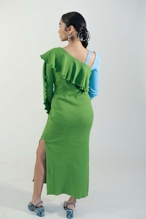 Abacaxi Ruffle Divya Dress Sky Blue/Moss Green