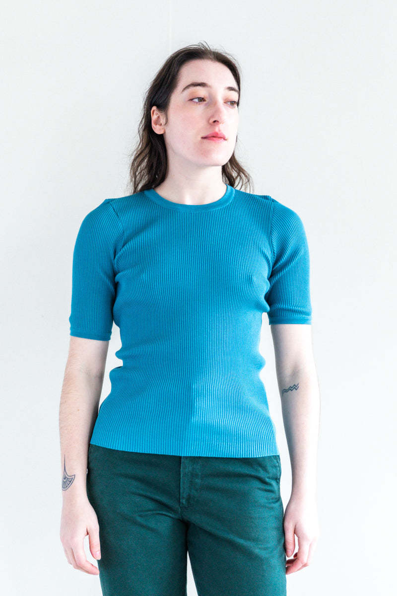 GIZA HIGH GAUGE RIB KNIT TEE IN BLUE | Garmentory