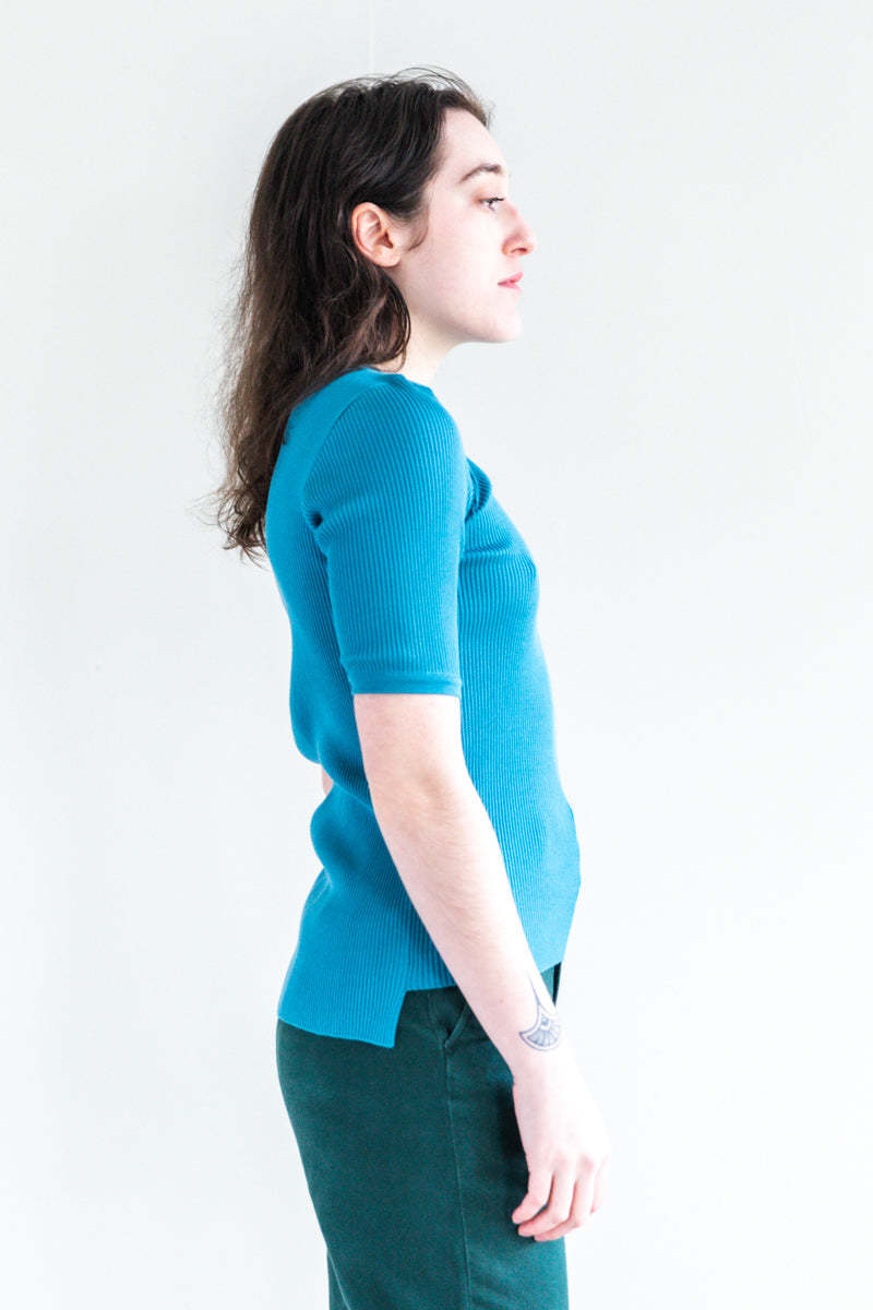 GIZA HIGH GAUGE RIB KNIT TEE IN BLUE | Garmentory