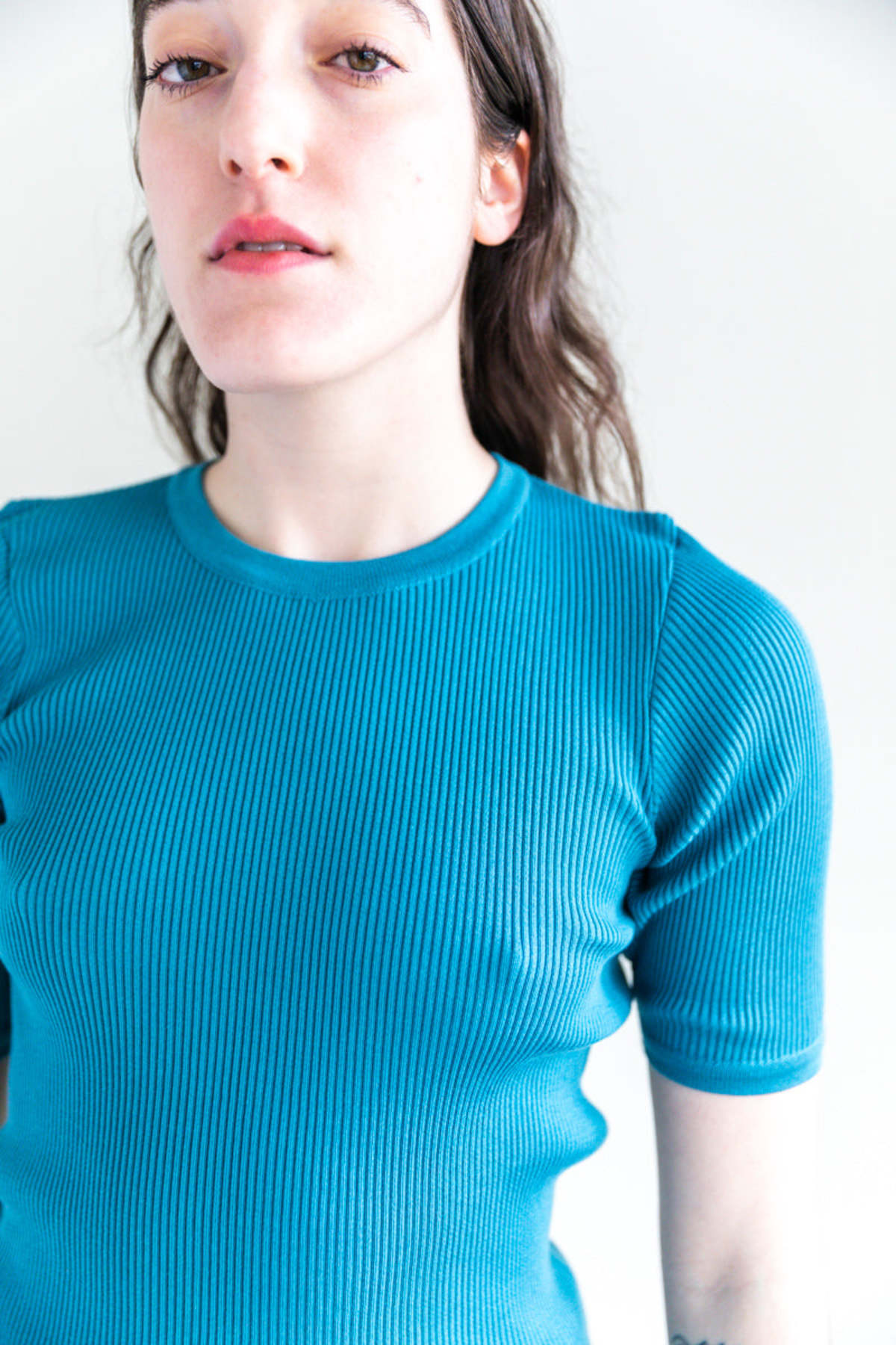 GIZA HIGH GAUGE RIB KNIT TEE IN BLUE | Garmentory