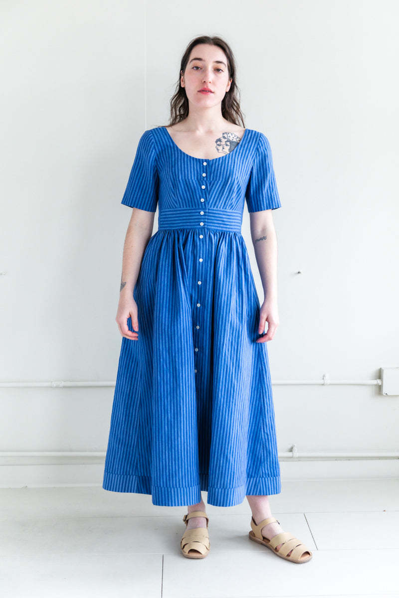 Caron Callahan Indira Linen Dress - Blue Striped | Garmentory