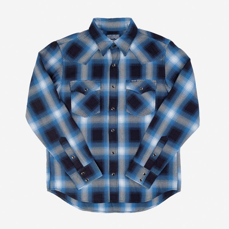 Iron Heart Selvedge Ombre Check Western Shirt - Indigo | Garmentory